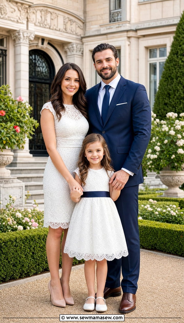 White Lace Dress and Navy Suit Family Outfit - 25 cute family photo outfits