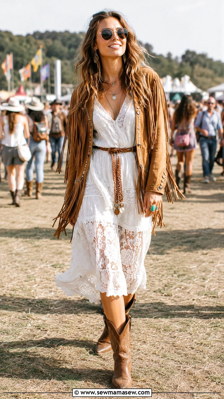 White Lace Dress and Suede Fringe Jacket - 30 Boho outfit ideas for festival