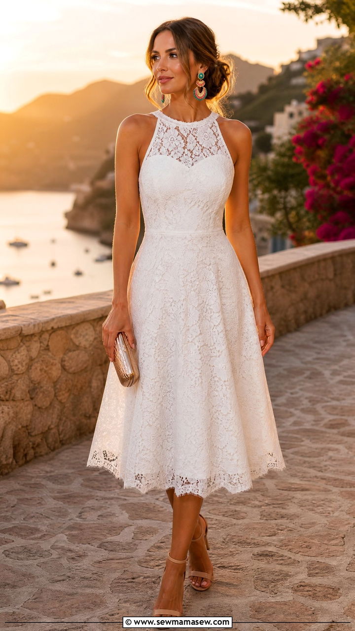 White Lace Dress with Heeled Sandals and Statement Earrings - 30 summer white dress outfit ideas