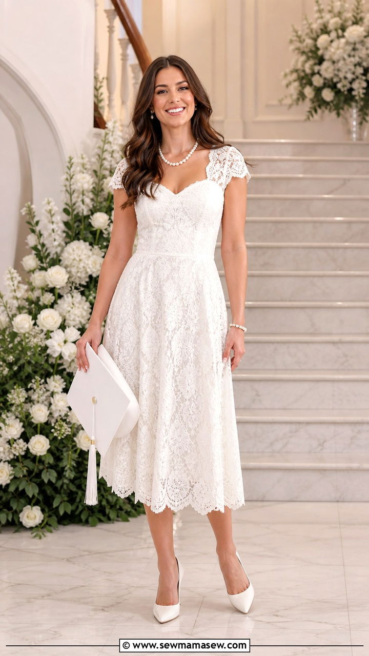 White Lace Dress with Pearl Jewelry - 40 Graduation outfit ideas