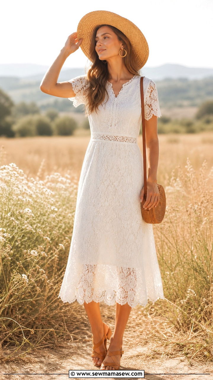 White Lace Dress with Wide Brim Hat - 40 Boho outfit ideas
