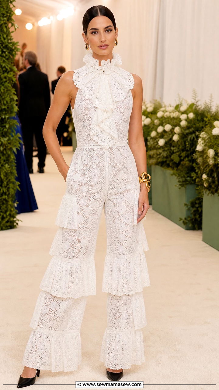 White Lace Jumpsuit With Tiered Wide Leg Pants - 25 Sienna Miller boho outfit ideas