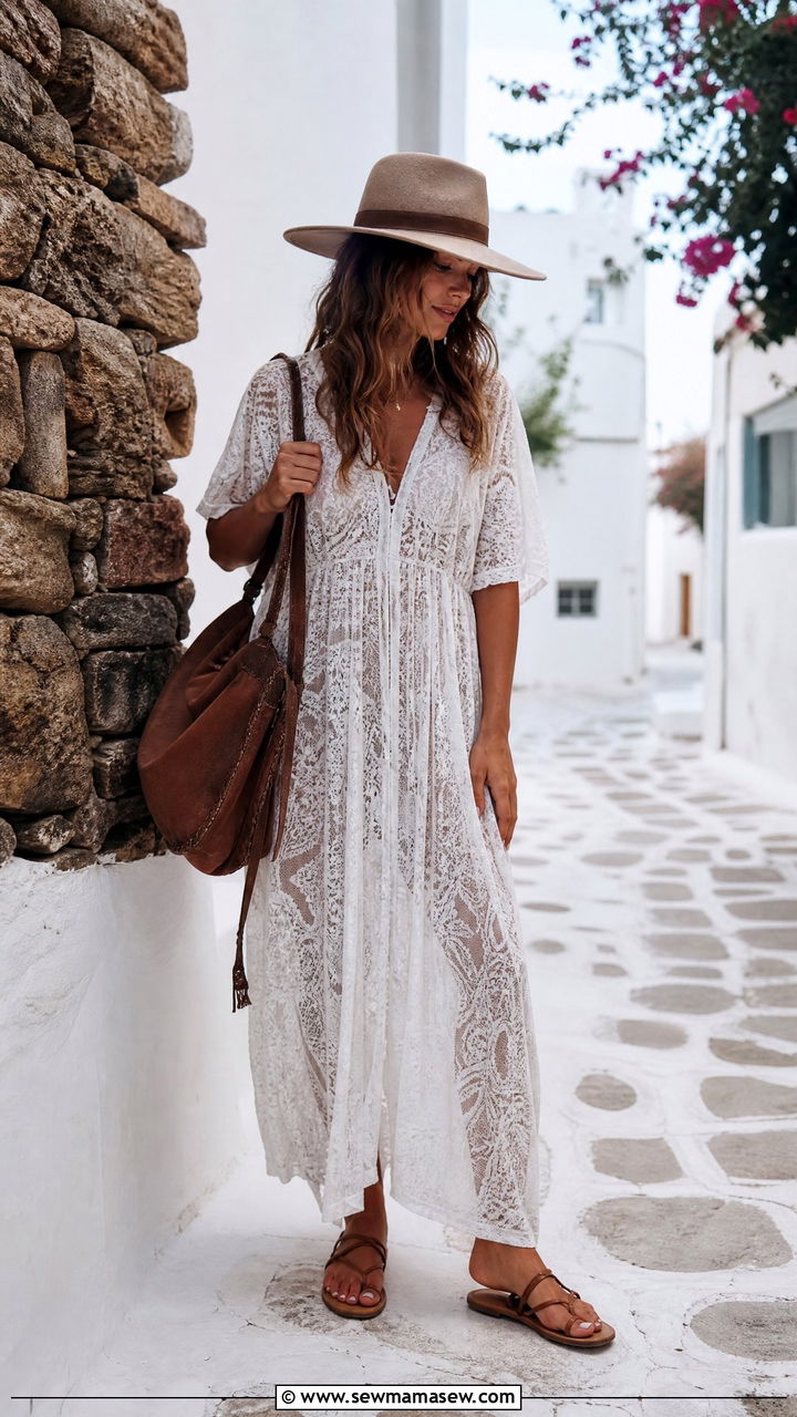 White Lace Maxi Dress With Brown Leather Accessories - 30 Mykonos vacation outfit ideas