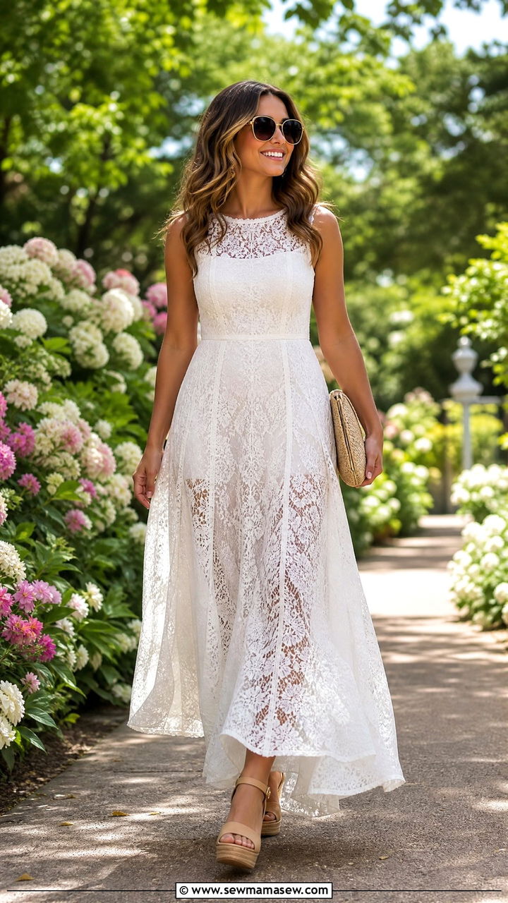 White Lace Maxi Dress With Wedge Sandals - 25 classy lace outfits