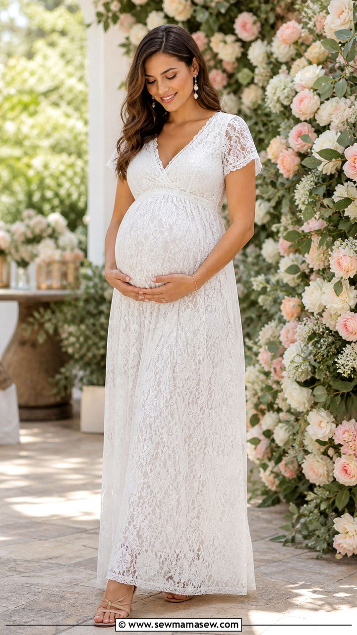 White Lace Maxi Dress for the Mom to Be - 40 Spring baby shower outfits