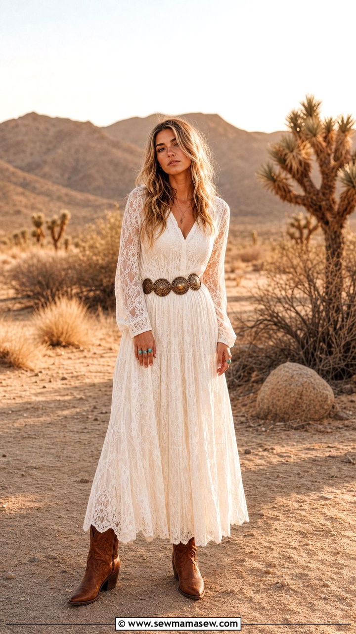 White Lace Maxi Dress with Concho Belt - 25 Stagecoach outfit ideas 2026