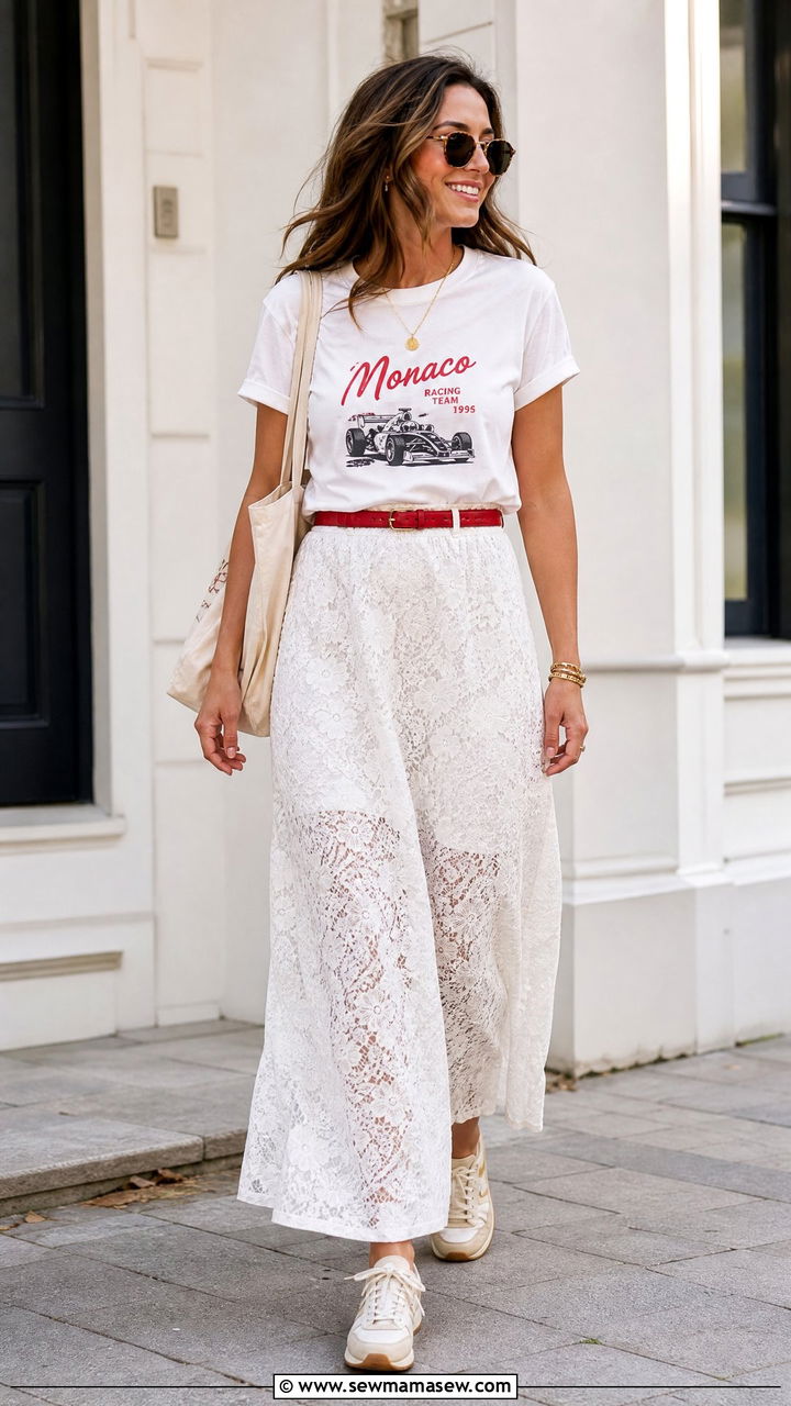 White Lace Maxi Skirt With Graphic Tee Outfit - 25 lace outfits 2026