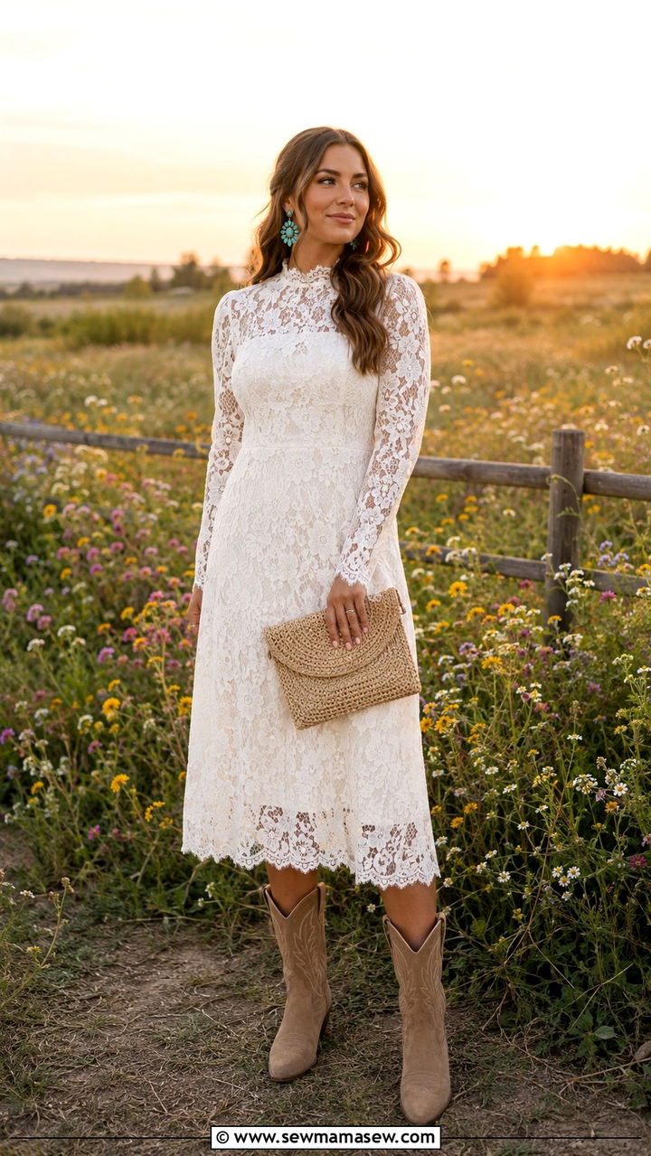 White Lace Midi Dress With Cowboy Boots - 30 Midi dress with cowboy boots outfit ideas