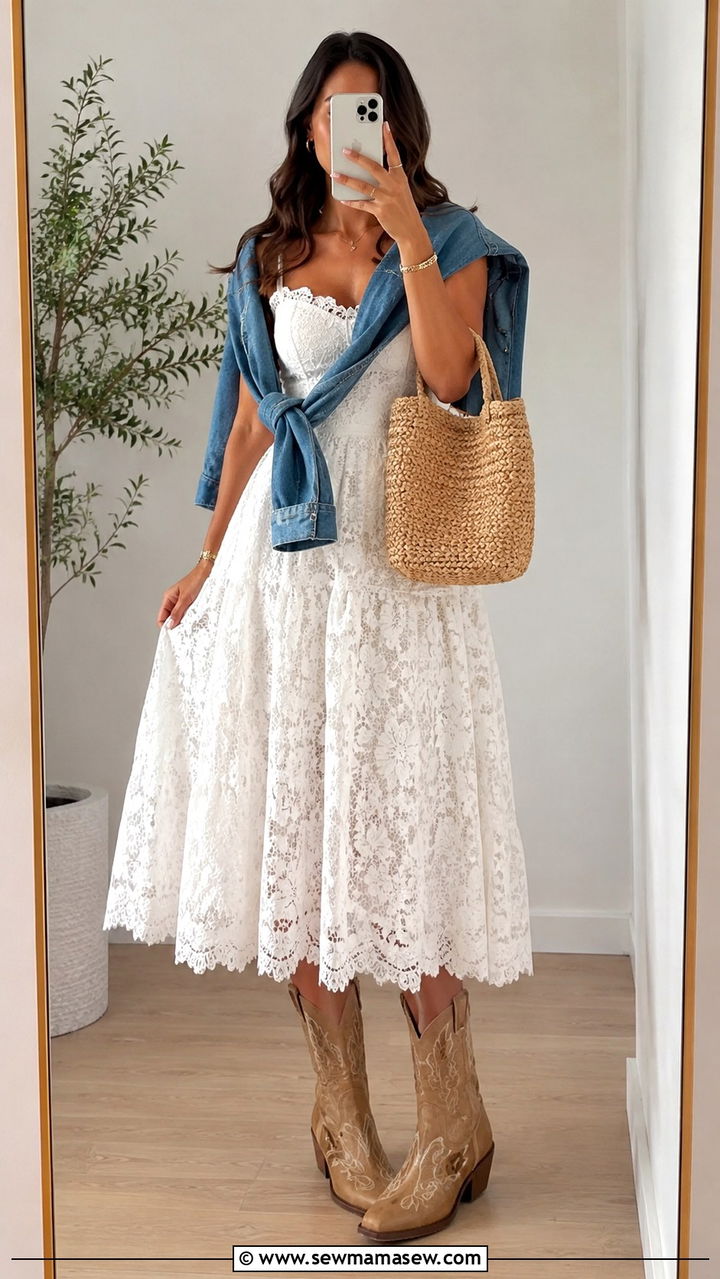 White Lace Midi Dress With Cowboy Boots - 20 How to style cowboy boots for a wedding