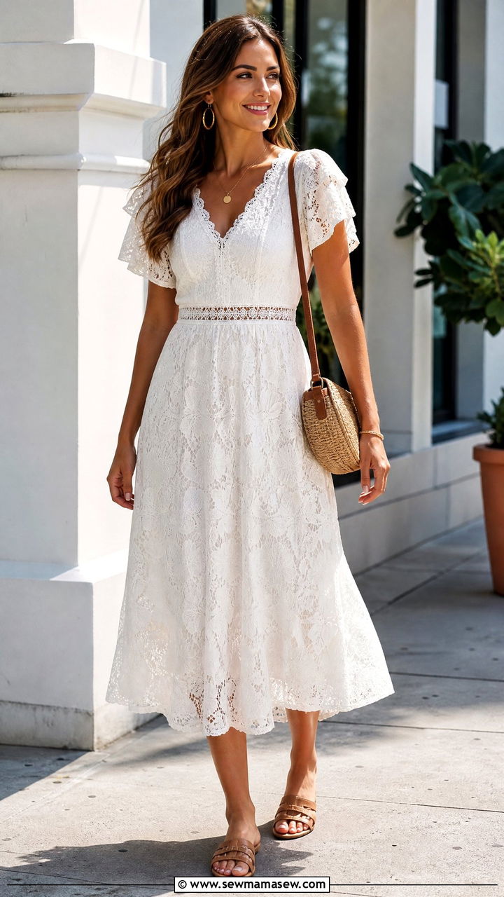White Lace Midi Dress With Flat Sandals - 25 lace outfits inspo