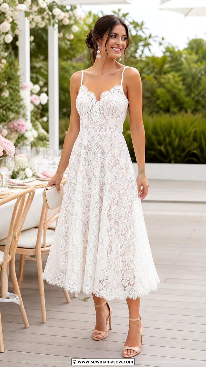 White Lace Midi Dress With Nude Heels - 30 cute bridal shower outfits