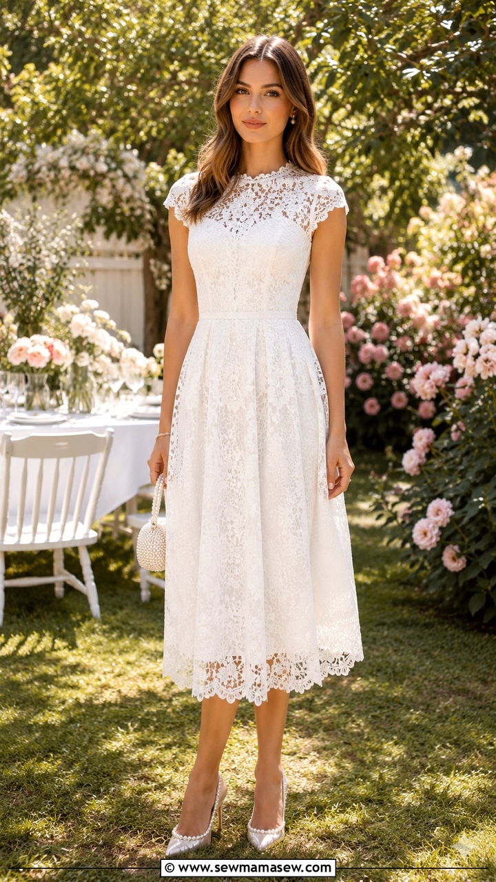 White Lace Midi Dress With Pearl Heels - 30 chic bridal shower outfits for women