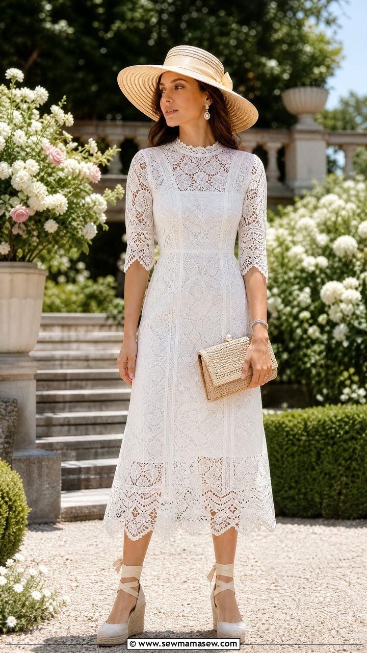 White Lace Midi Dress With Wide Brim Straw Hat And Espadrilles - 25 Old money outfit ideas with wide brim hat