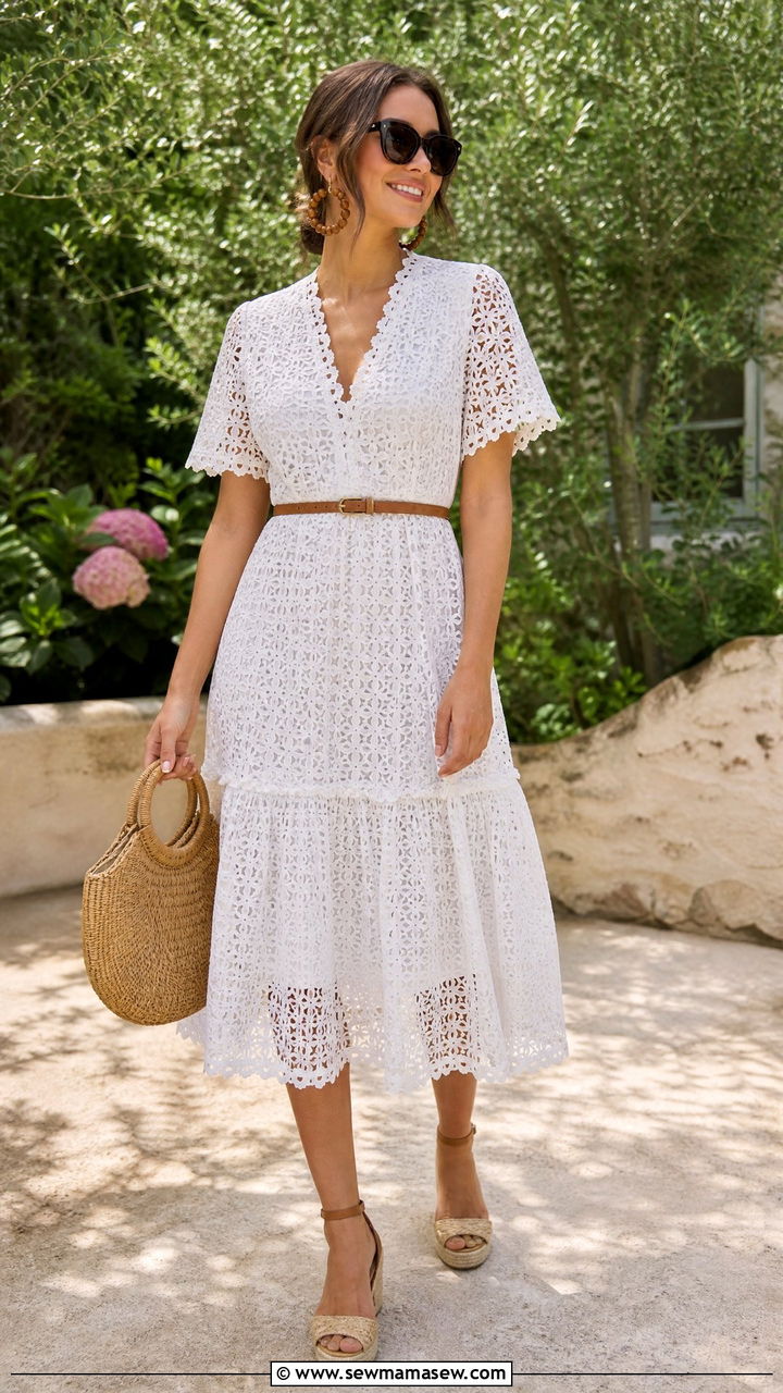 White Lace Midi Dress With Woven Accessories - 25 Casablanca outfit ideas