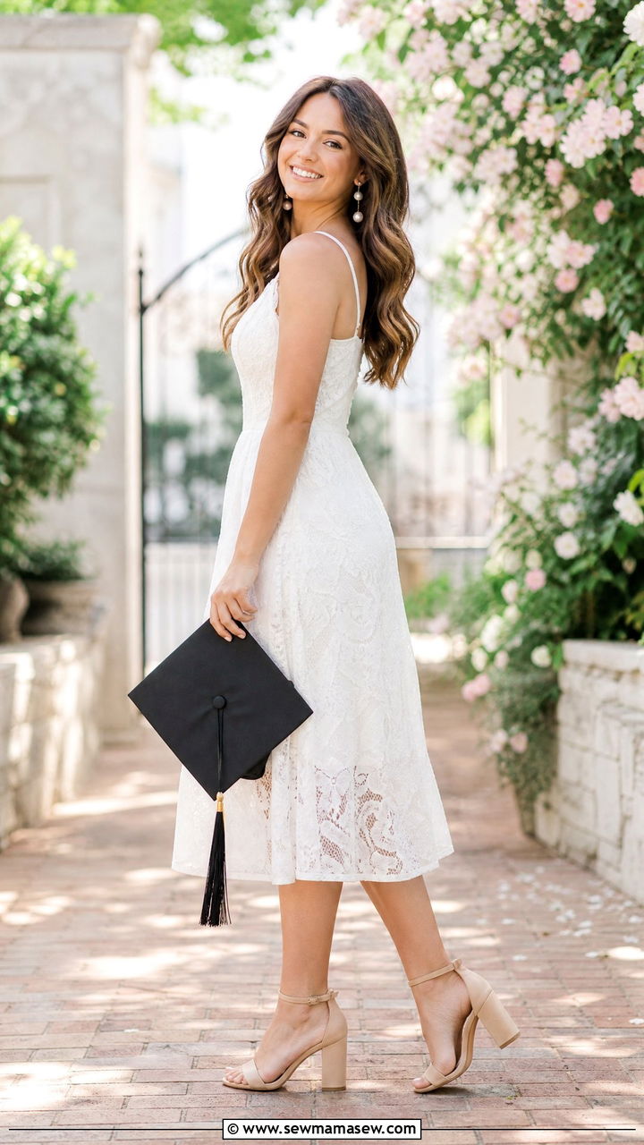 White Lace Midi Dress with Block Heel Sandals - 25 Graduation photo shoot outfit ideas