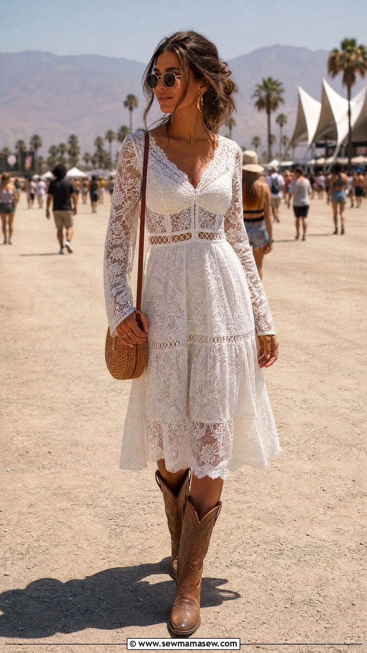 White Lace Midi Dress with Brown Cowboy Boots - 25 classy Coachella outfits