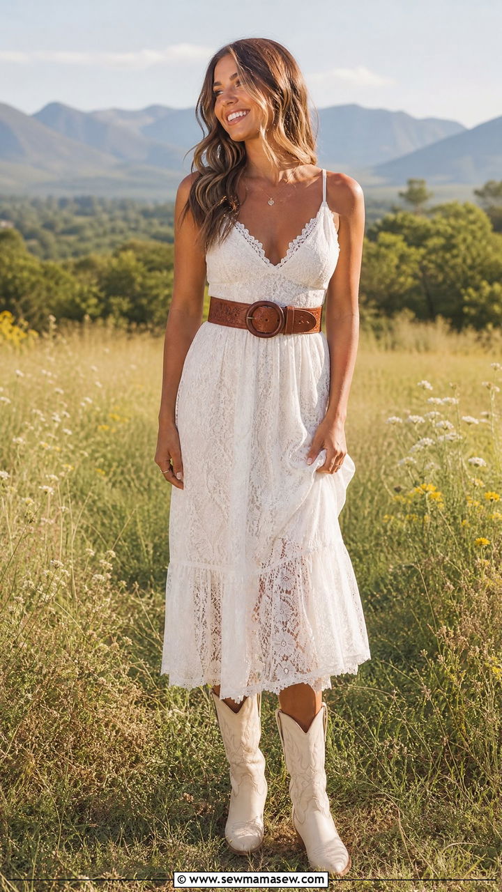 White Lace Midi Dress with Cowboy Boots Outfit - 25 Lace outfit ideas 2026