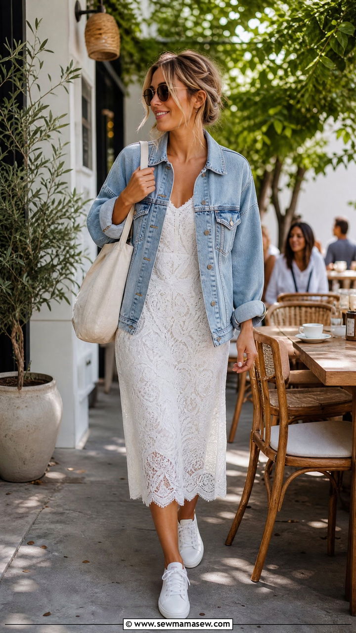 White Lace Midi Dress with Denim Jacket and Sneakers - 35 lace outfits