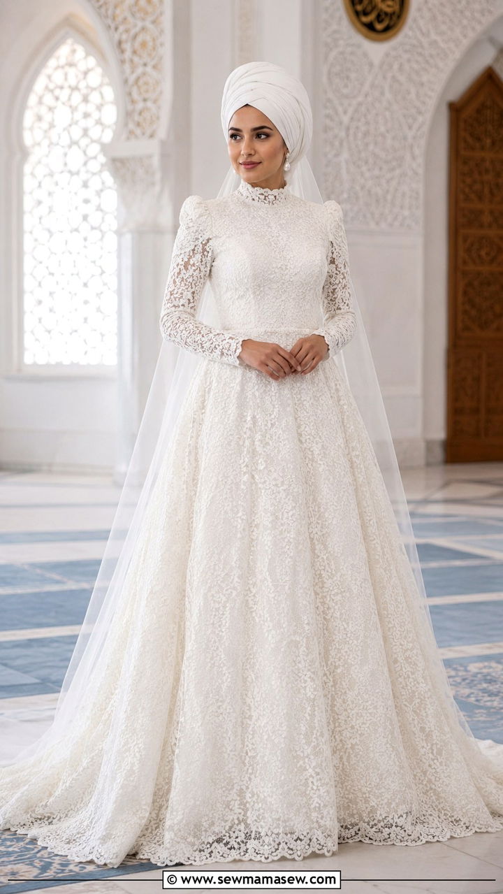 White Lace Nikkah Dress With Turban - 20 Modest outfit ideas for Nikkah