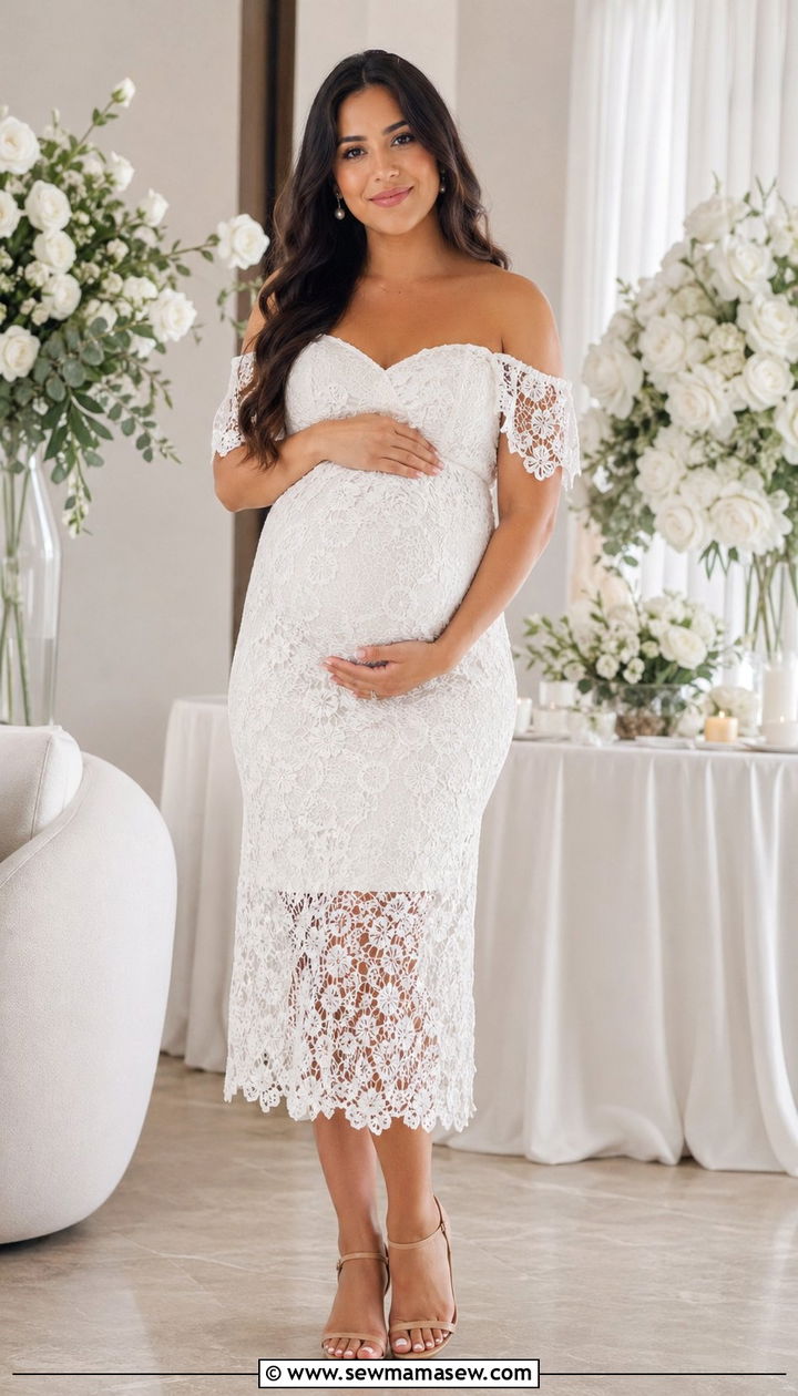White Lace Off Shoulder Dress with Pearl Earrings - 35 Baby shower outfit ideas