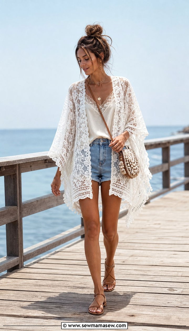 White Lace Poncho Over Cami And Denim Shorts - 25 summer fairycore outfit ideas
