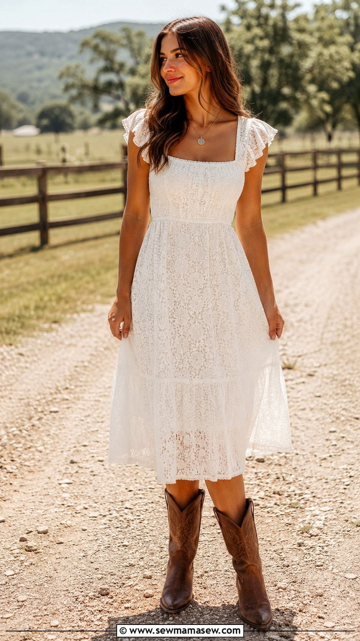 White Lace Sundress With Brown Cowboy Boots - 25 Western outfit ideas Taylor Swift country era
