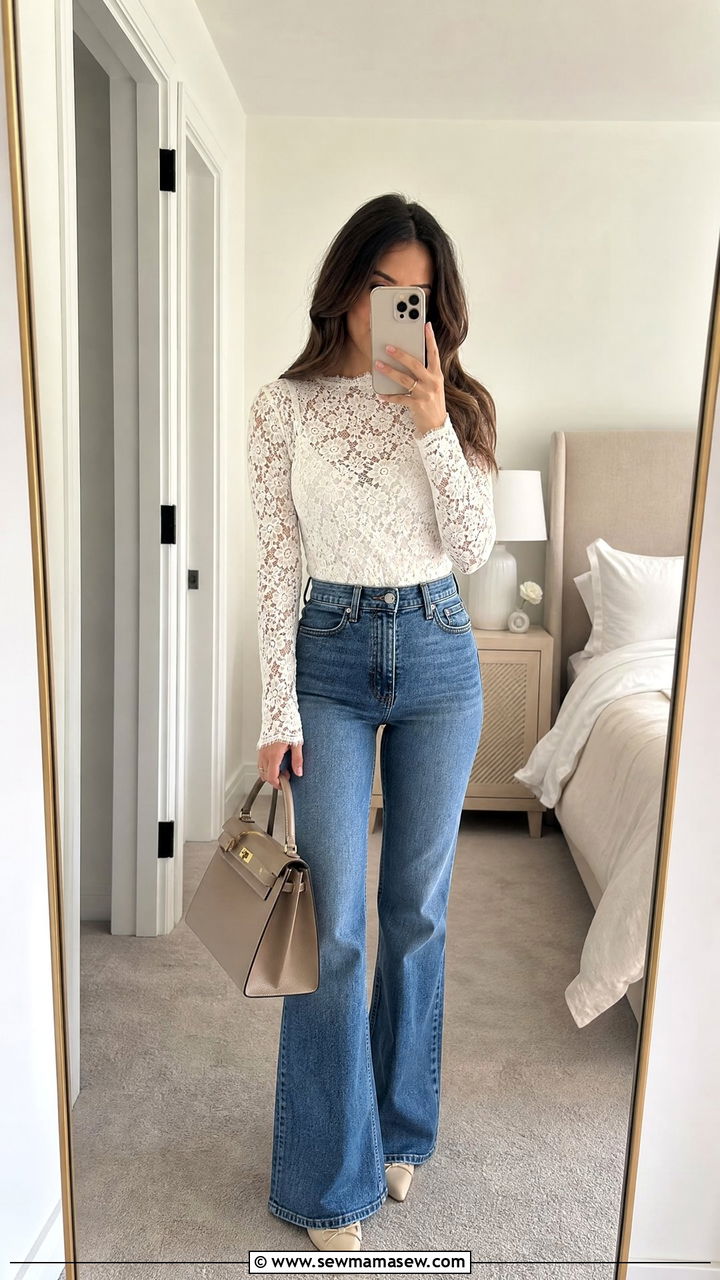 White Lace Top With Flared Jeans Spring Look - 30 Confident spring outfit ideas