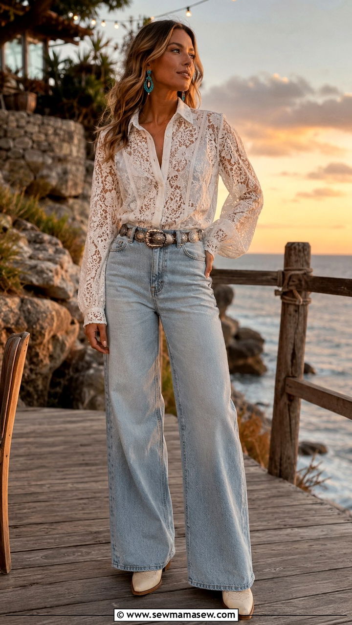 White Lace Top with Wide Leg Jeans and Silver Concho Belt - 20 cute coastal cowgirl outfits