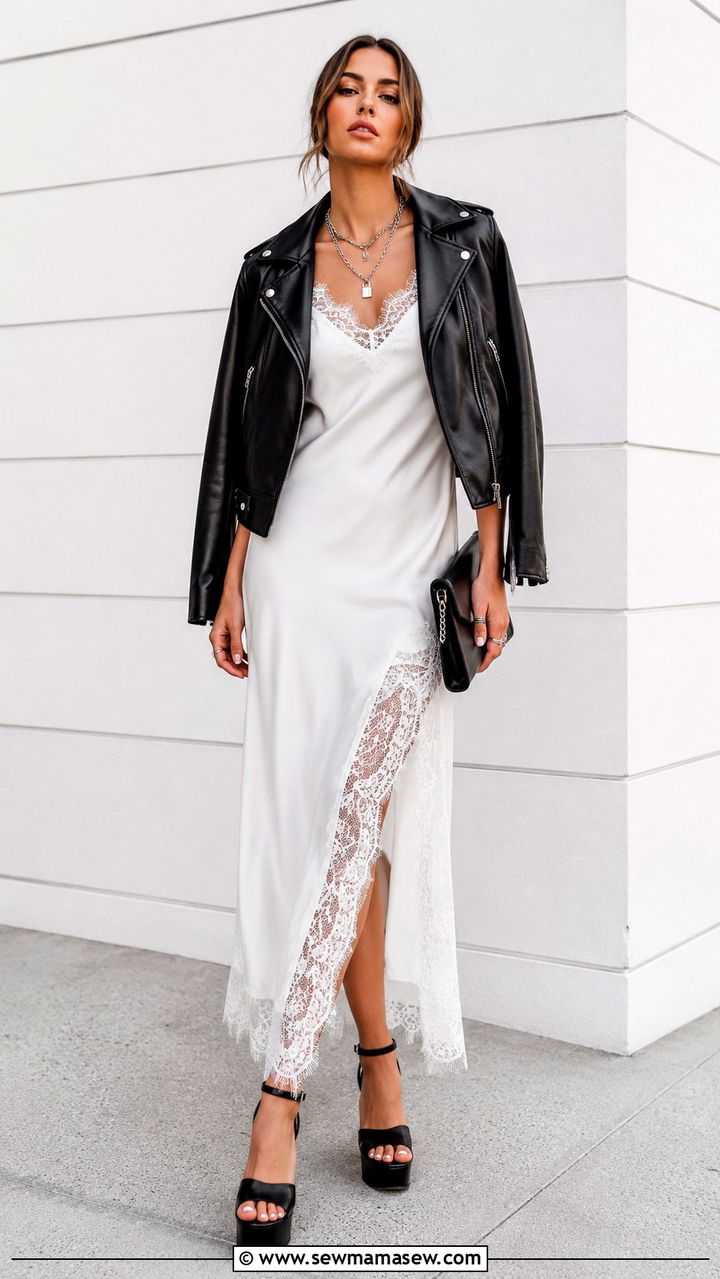 White Lace Trimmed Slip Dress With Moto Jacket And Platforms - 20 Boho outfit ideas Chloe runway style