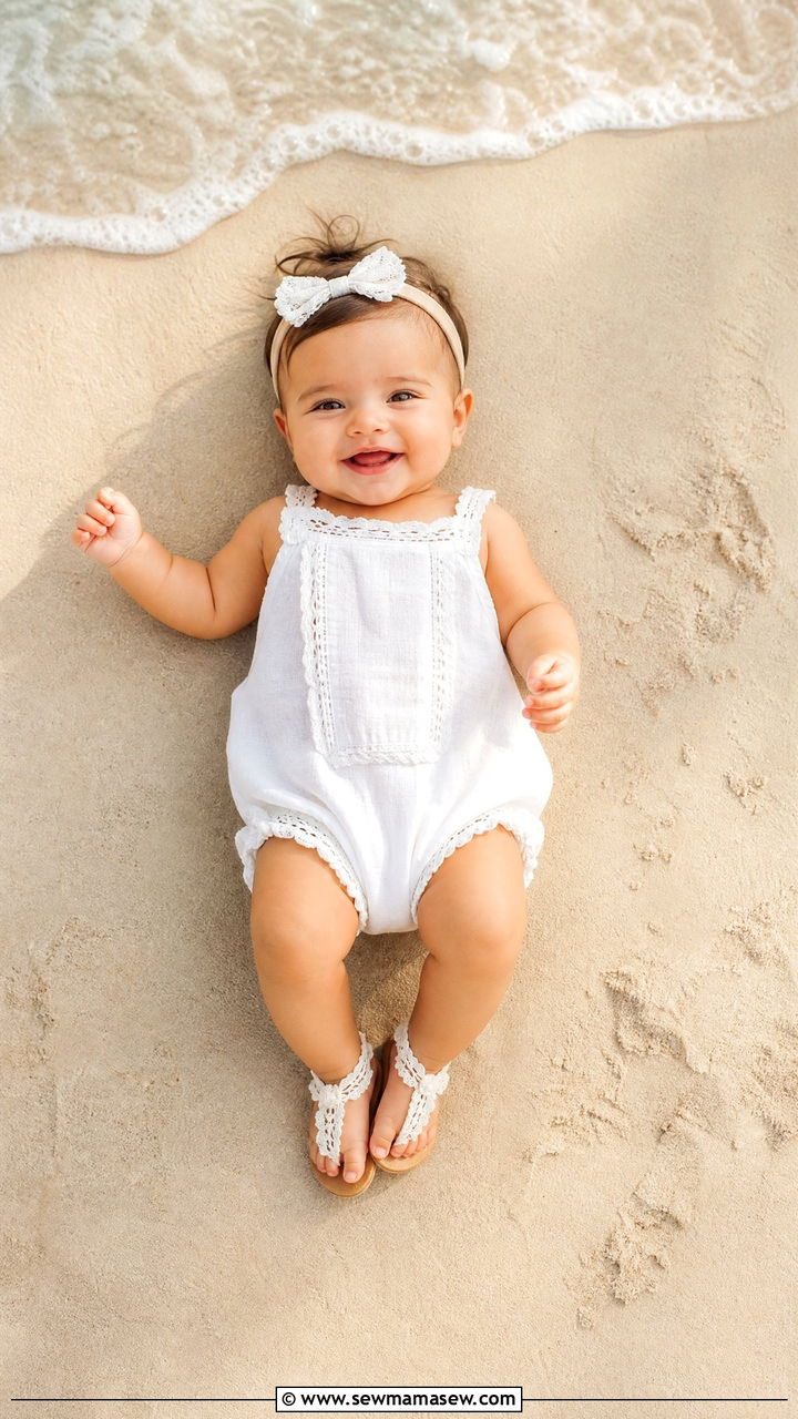 White Linen Baby Romper with Barefoot Sandals Outfit - 30 Kids family photo outfits
