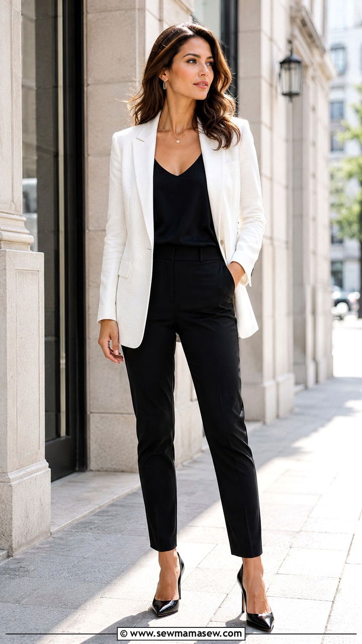 White Linen Blazer With Black Trousers And Pointed Heels - 30 Linen blazer outfit ideas with heels