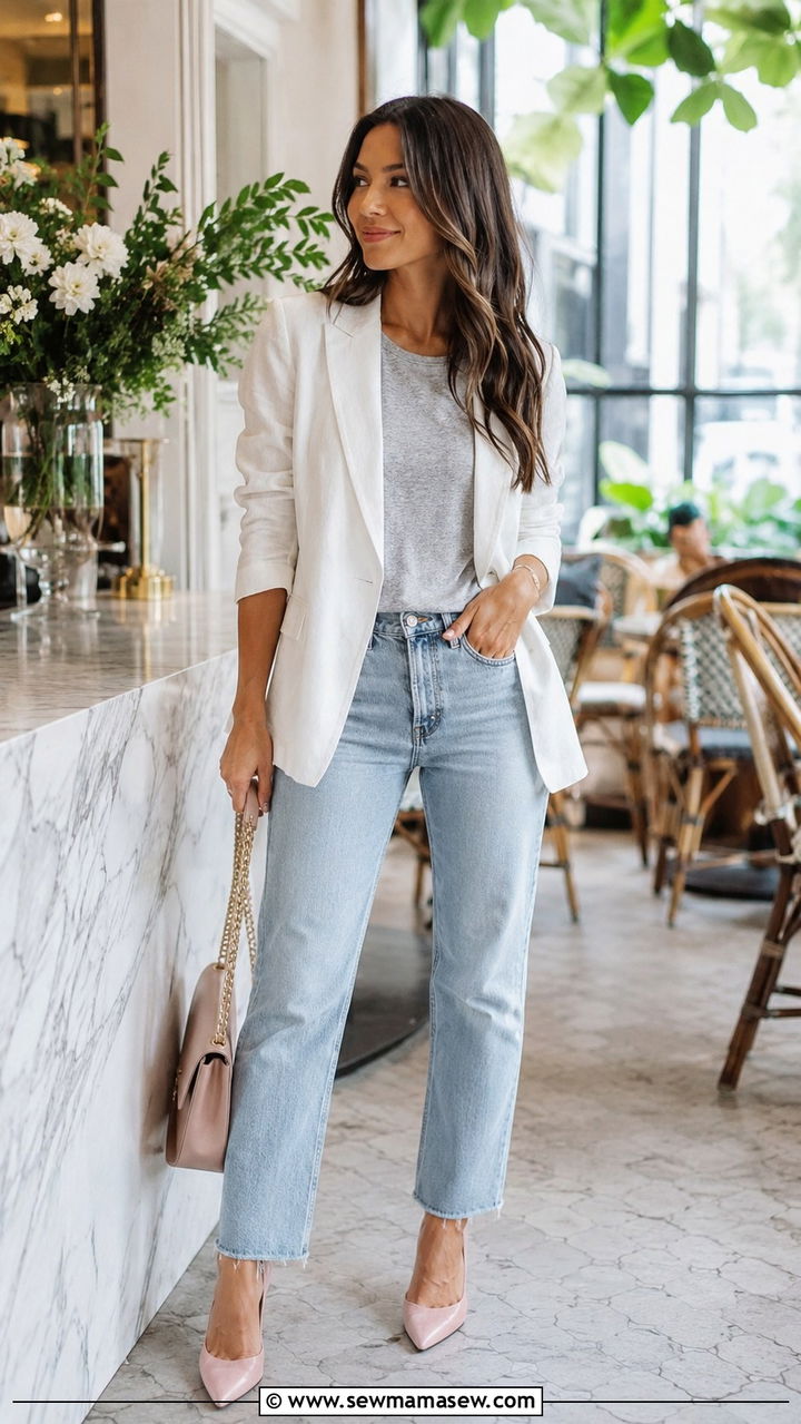 White Linen Blazer With Light Wash Jeans And Pink Pointed Heels - 30 Linen blazer outfit ideas with heels