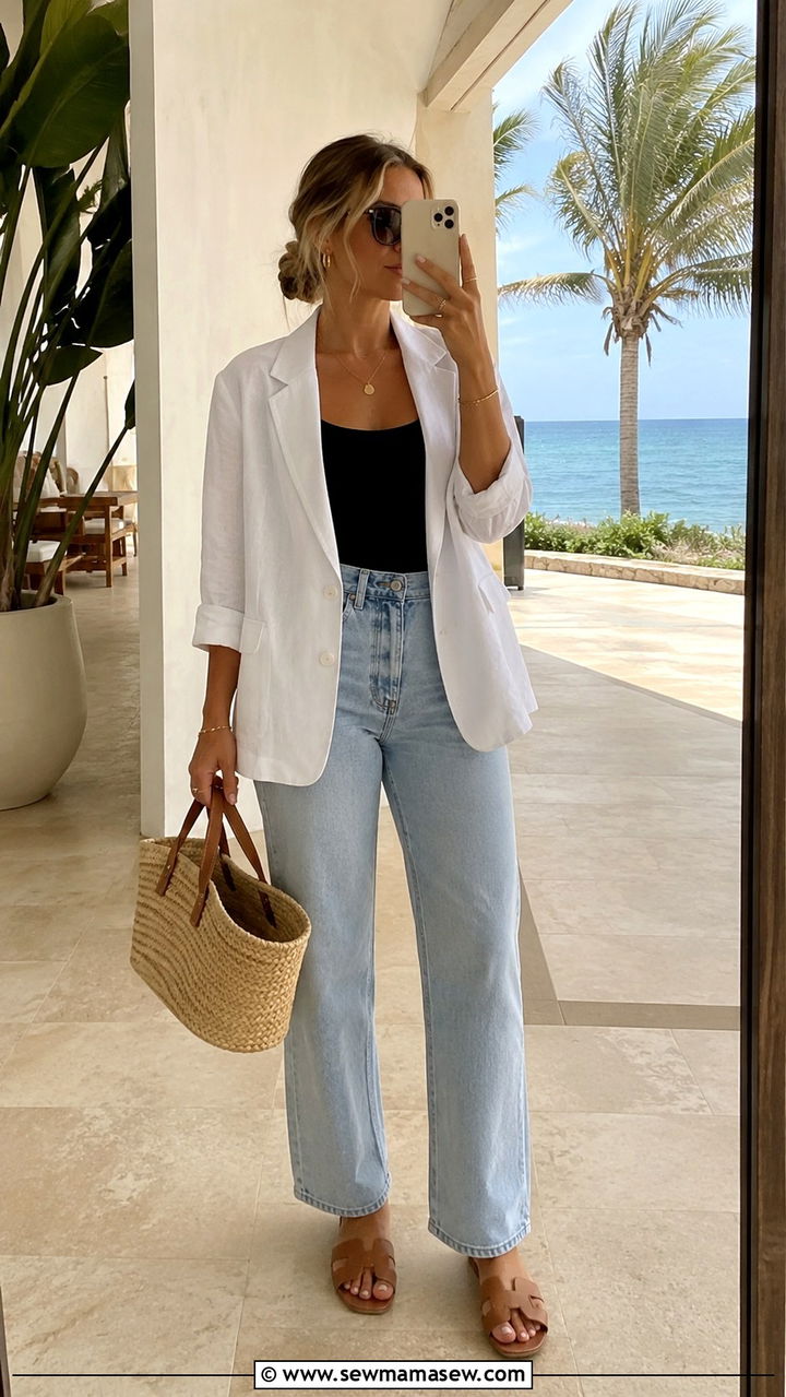 White Linen Blazer With Tank Top And Jeans - 30 Linen blazer outfit ideas with jeans