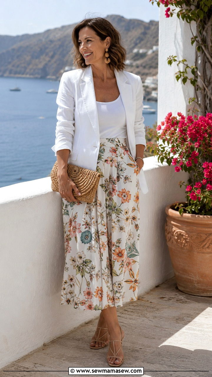 White Linen Blazer with Printed Midi Skirt - 25 blazer outfits for women over 40