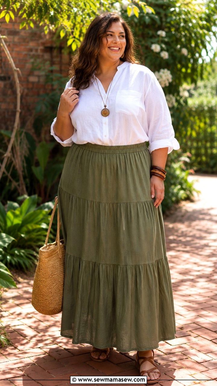 White Linen Blouse With Tiered Maxi Skirt - 30 Boho outfits for curvy women