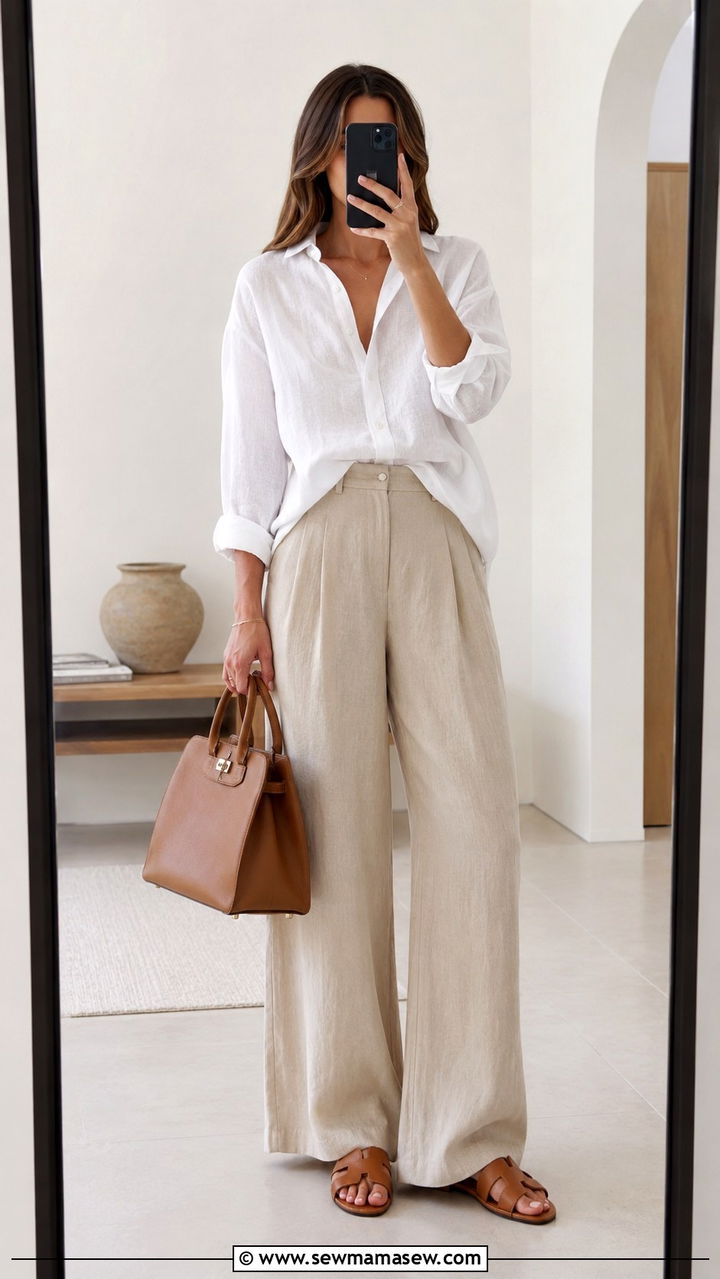 White Linen Blouse With Wide Leg Trousers Outfit - 30 Mid spring outfits