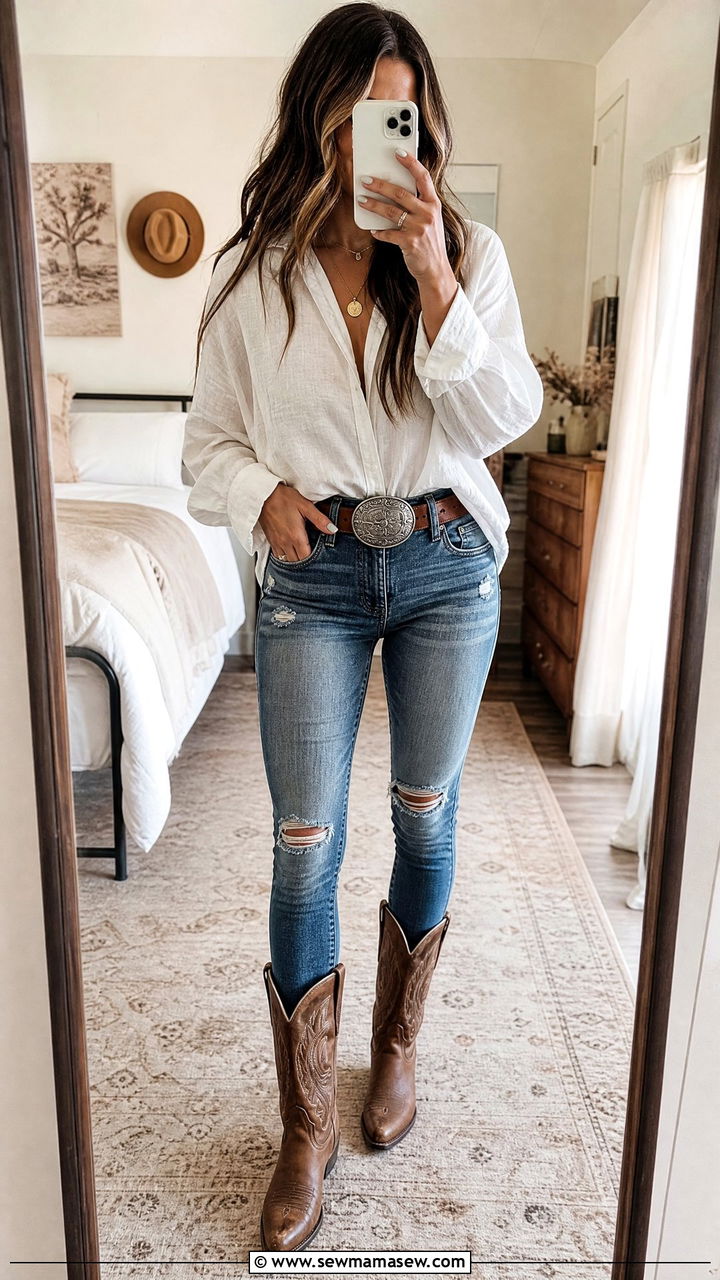 White Linen Blouse and Skinny Jeans Outfit - 30 Country summer outfits
