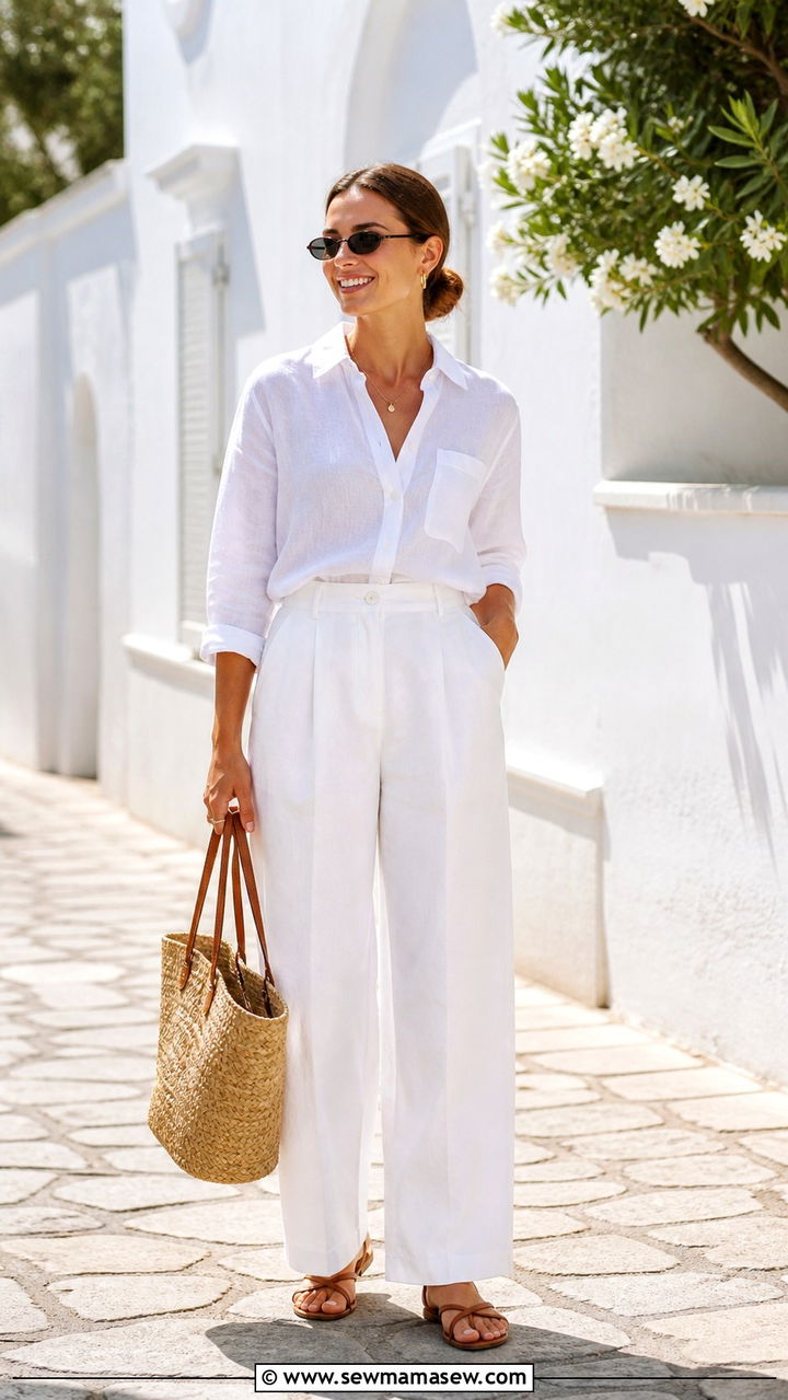 White Linen Button Down Shirt And Wide Leg Trousers - 40 All white outfit ideas
