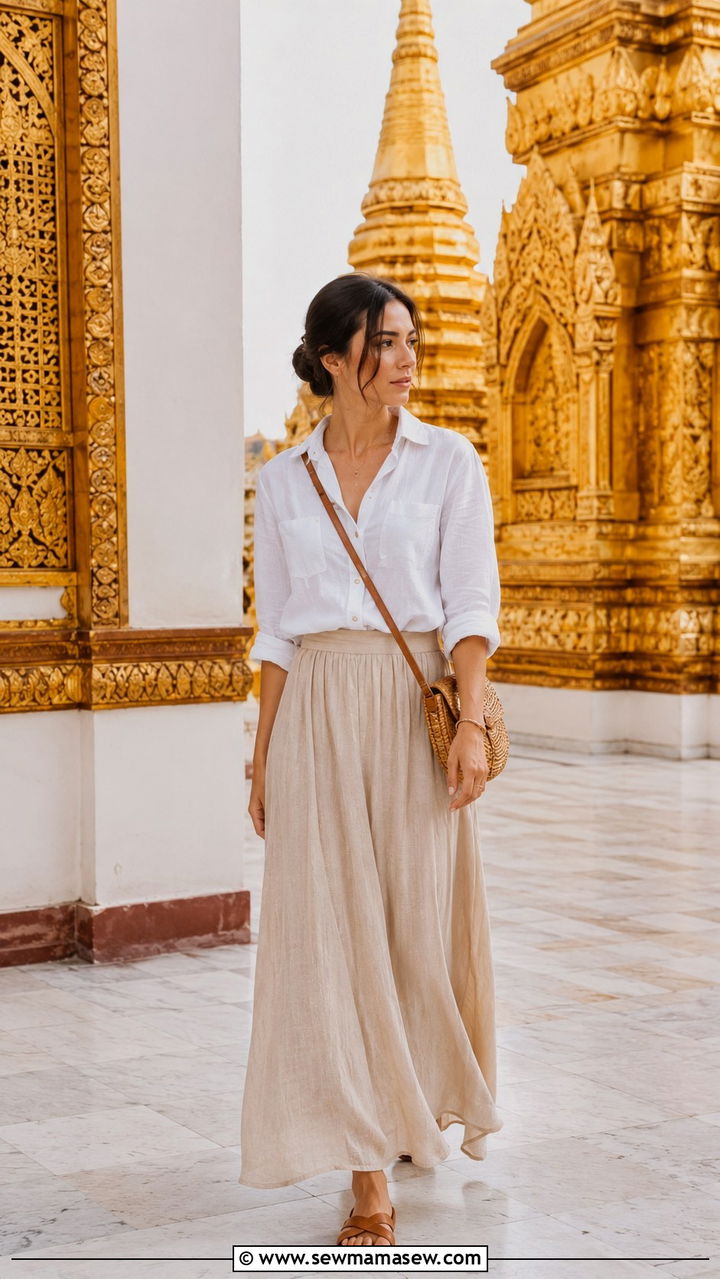 White Linen Button Down Shirt with Flowy Maxi Skirt - 25 Bangkok outfit ideas