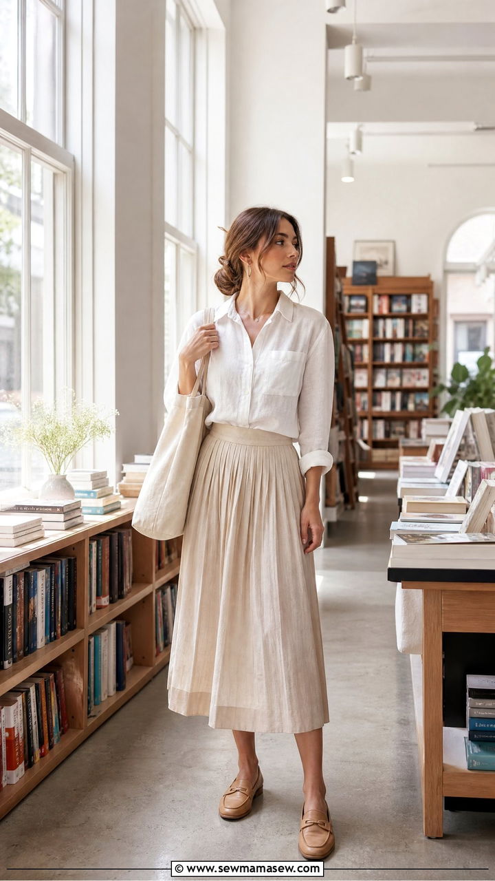 White Linen Button Down With Beige Pleated Midi Skirt and Tan Loafers - 30 summer light academia outfits