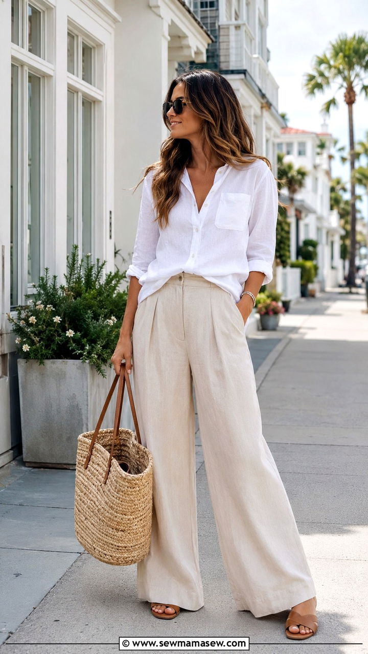 White Linen Button Down With Beige Wide Leg Trousers - 20 Spring coastal grandmother outfits 2026