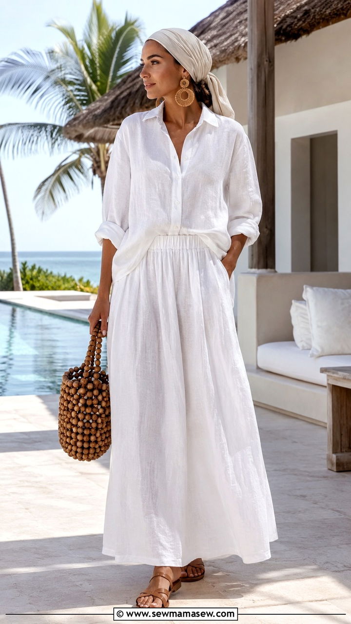 White Linen Button Down With Linen Maxi Skirt - 30 Maxi skirt outfit ideas with a button down