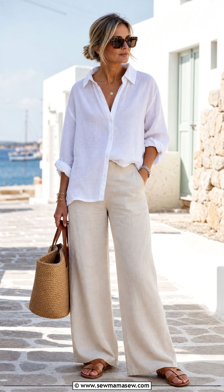 White Linen Button Down With Wide Leg Linen Trousers - 25 coastal grandmother capsule wardrobe outfits