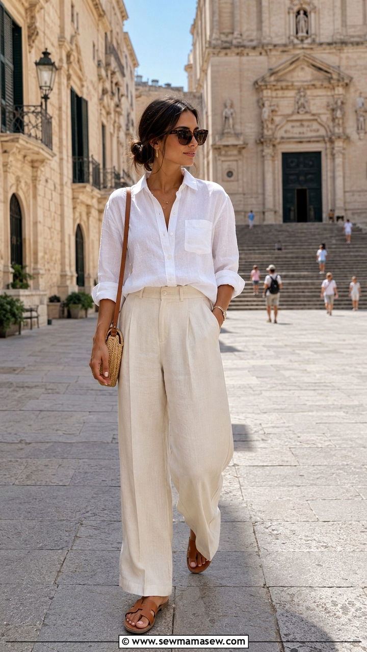 White Linen Button Down With Wide Leg Trousers and Flat Sandals - 25 10 day travel capsule outfits