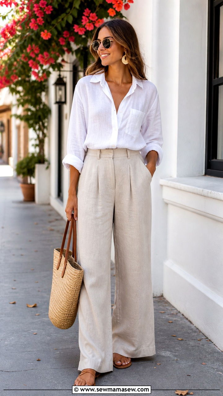 White Linen Button Down and Beige Wide Leg Trousers Outfit - 40 cute summer outfit ideas
