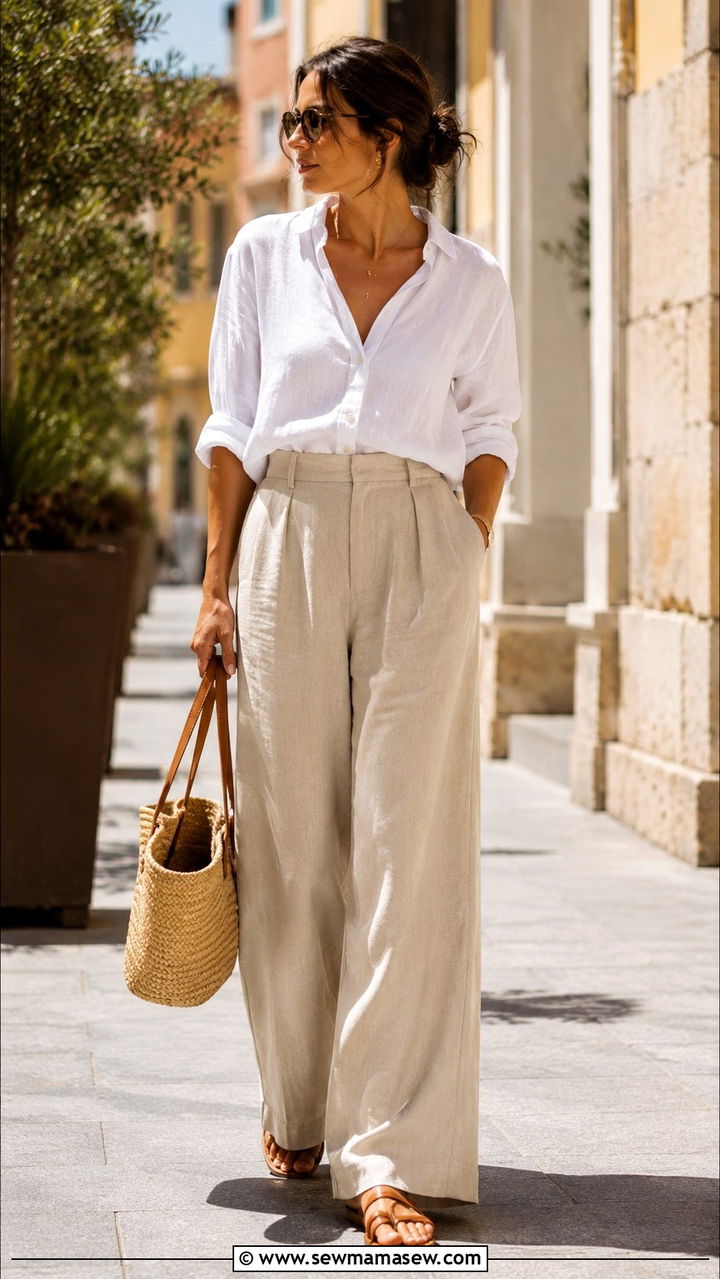White Linen Button Down and Beige Wide Leg Trousers - 30 Modest outfit ideas 2026