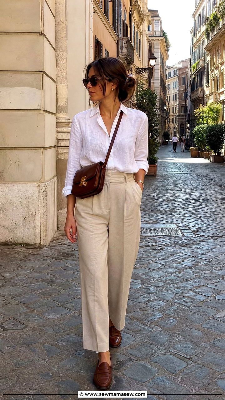 White Linen Button Down and High Waist Trousers - 25 Italy outfits aesthetic
