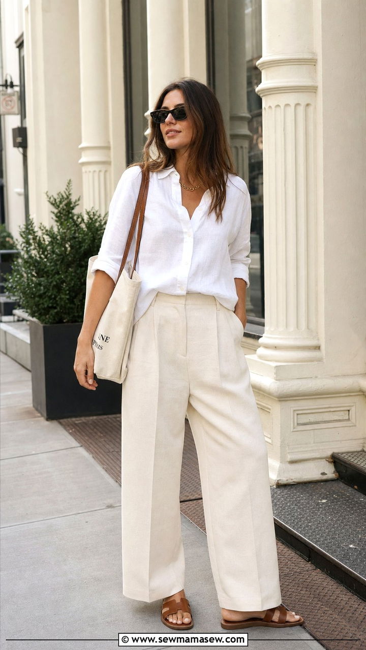 White Linen Button Down and Wide Leg Trousers - 25 Early July outfit ideas