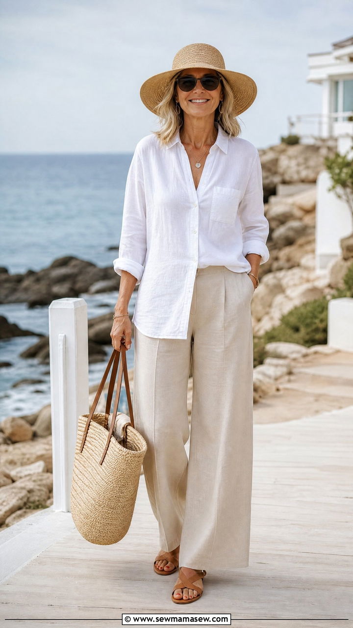 White Linen Button Down and Wide Leg Trousers - 30 coastal grandmother outfit ideas for women over 40