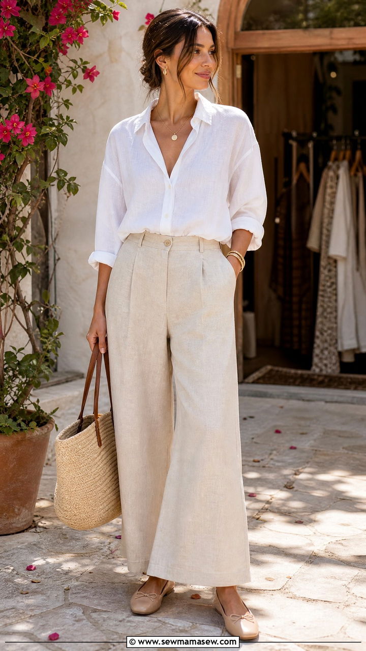 White Linen Button Down with Beige Wide Leg Trousers Outfit - 30 Retail work outfit ideas